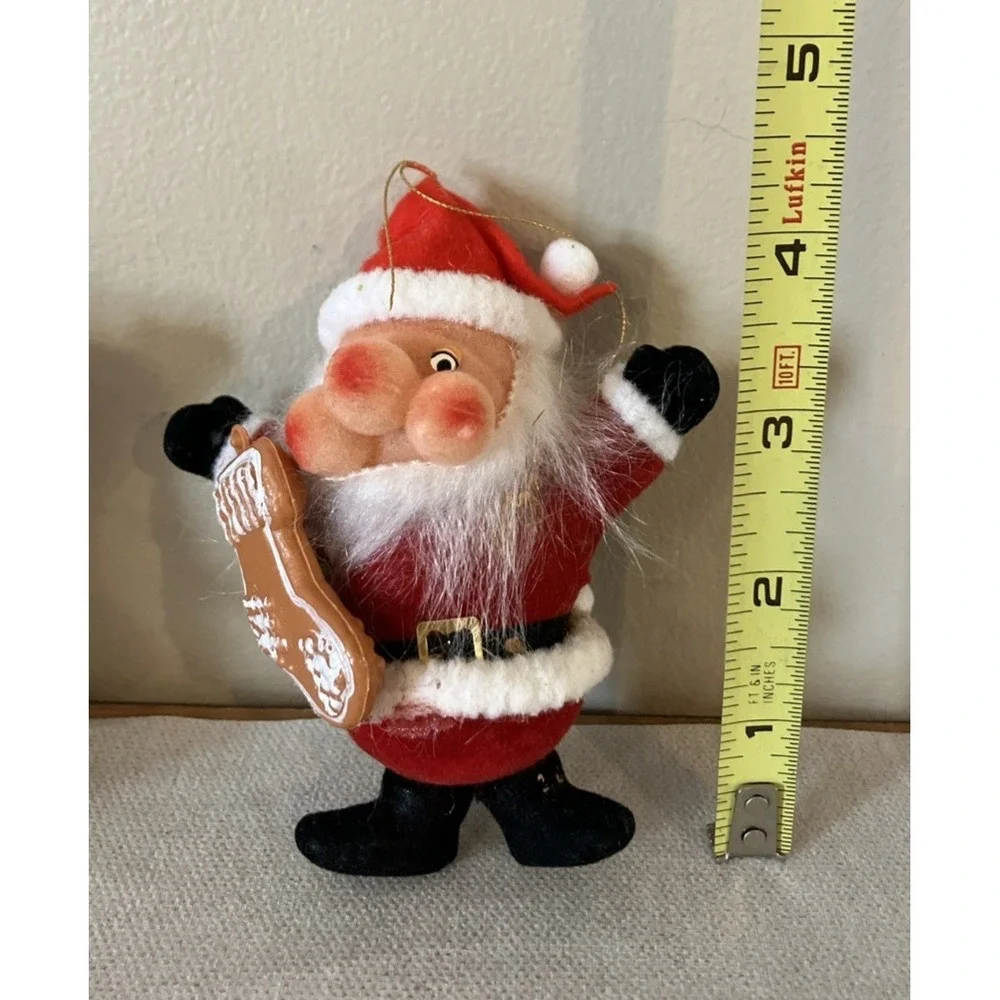Vintage Flocked Santa Claus Christmas Ornaments w/Tree & Stocking
